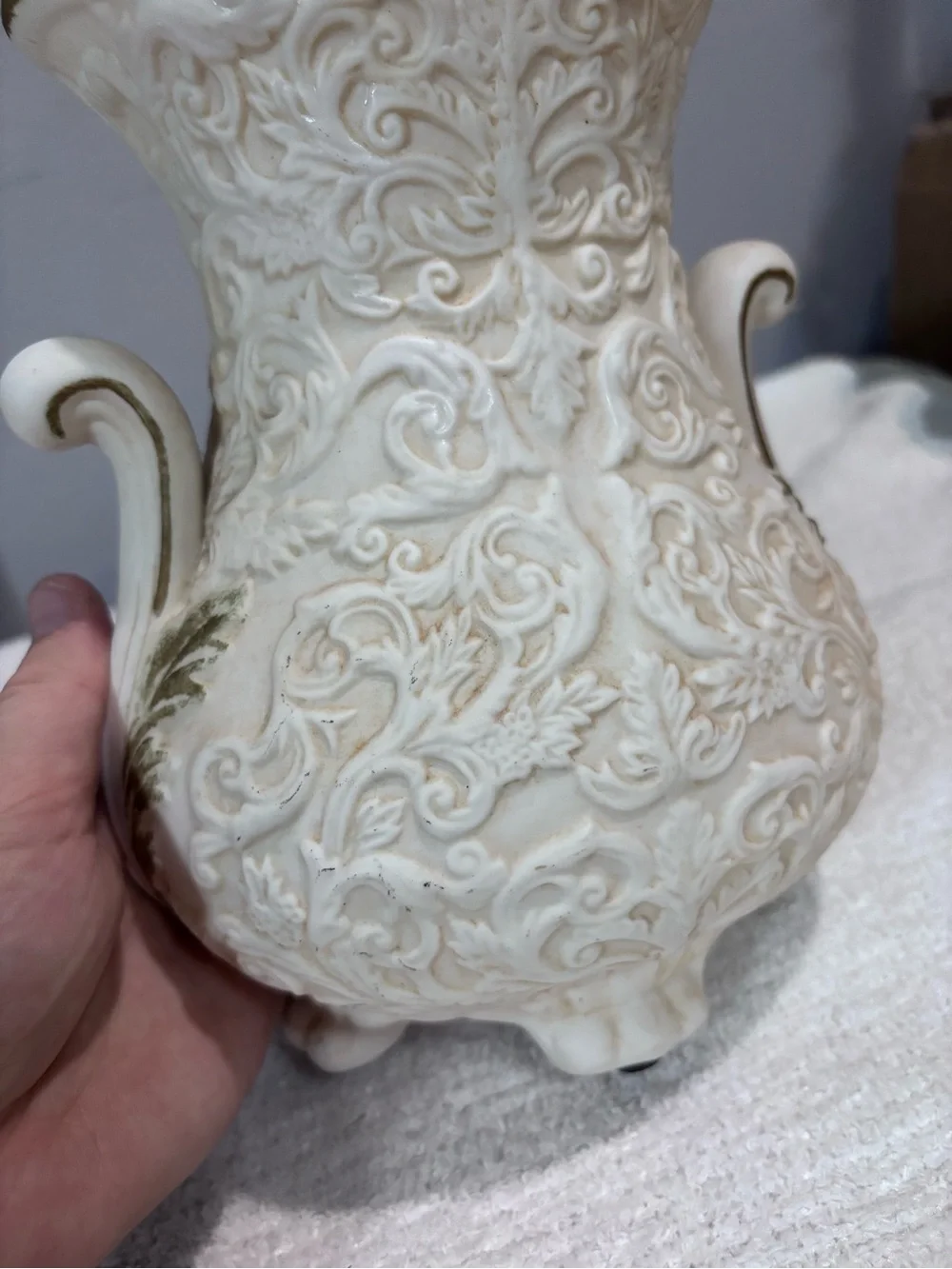 Vintage Ornate White Porcelain Urn Vase with Pink Floral Applique